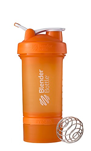 BlenderBottle Prostak Protein Shaker / Diät Shaker (650ml, skaliert bis 450ml, mit 2 Container 150ml & 100ml, 1 Pillenfach) Orange