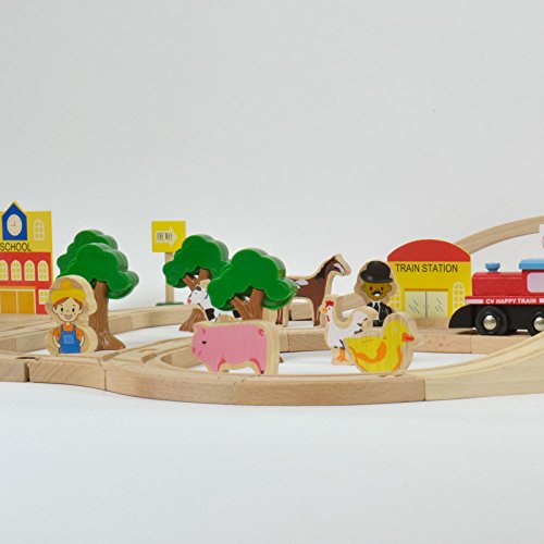 Wooden Railway Train Set - 80 Pieces with Play Accessories