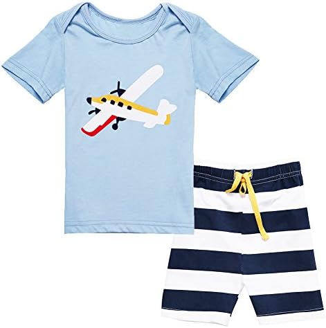 OKIDSO Cotton Shorts and Top Set For Boys Cute Cartton Summer Clothing Set,Aged 2-7 (6-7 Years Old,140cm, Light Blue and Dark Blue)