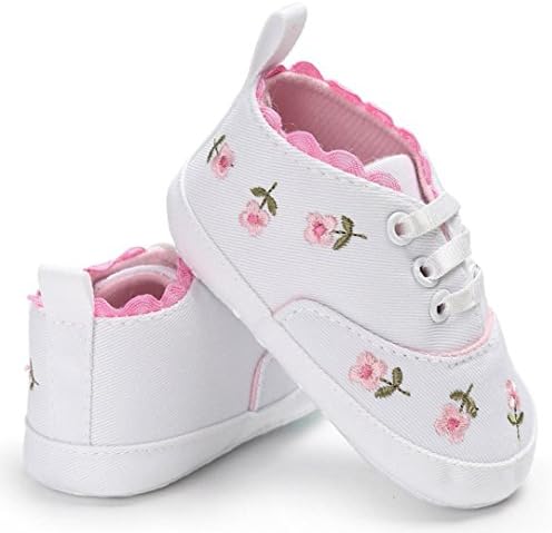 Mimoonkaka Baby Shoes For 0-18Months Newborn Infant Baby Girls Floral Crib Shoes Soft Sole Anti-slip Sneakers Canvas pink white (white, 6~12 Month)