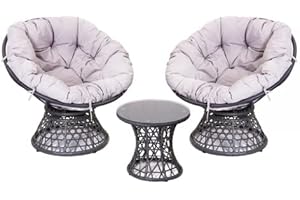 SIGNATURE HOMES AND GARDENS Twin Set Rattan Papasan Nest Swivel Chair with Cushion and Side Table | Garden & Patio Papasan Chair | Indoor/Outdoor | Two Seat Set