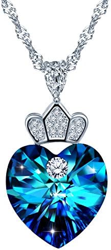 SIXLUO Royal Crown Heart Crystal Pendant 925 Sterling Silver"Queen's Love" Necklace Made with Swarovski Element for Women, Ocean Blue