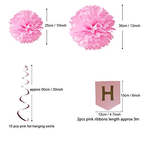 Geburtstag Dekoration, Wartoon Happy Birthday Girlande mit 15 Spiralen Dekoration und 8 Seidenpapier Pompoms für Geburtstag Dekoration, Rosa - 3
