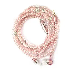 Jewelry Pearl Necklace Stereo Earphones with Microphone 3.5mm in-Ear Headphone Wired Headset Earbuds for Phone Girls (Pink)