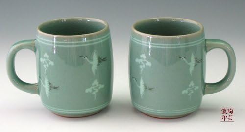 2 Celadon Jade Blue Glaze Crane Bird Cloud Design Personal Green Ceramic Pottery Porcelain Tea Coffee Cup Mug Teacup Gift Set