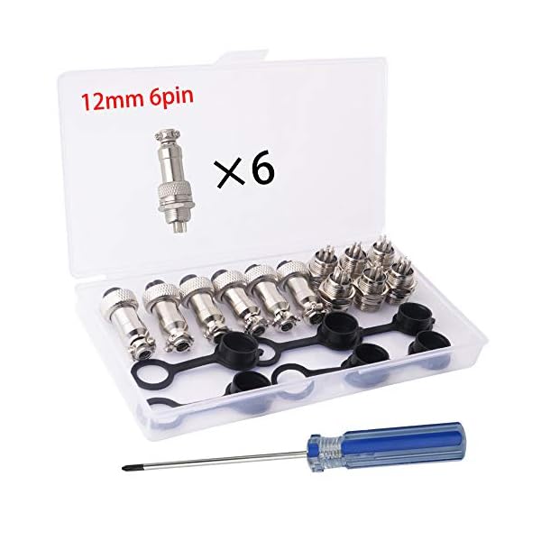 RUNCCI Aviation Stecker, 6X 12 mm Gewinde 6 Pin Weiblich Metall Aviation Draht Stecker + 6X 12 mm Gewinde 6 Pin Metall Aviation Draht Stecker + 6 x Gummi Displayschutzfolie Gap,