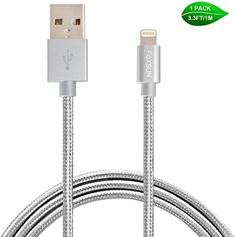 Lightning Cable,Foxsun 3.3ft/1m Lightning to USB Cable[Apple MFi Certified] Nylon Braided iPhone Cable for iPhone 7/7 plus /6s /6s plus /6 /6 plus /SE /5s /5c /5, iPad 2 3 4 Mini, iPad Pro Air, iPod- Silver