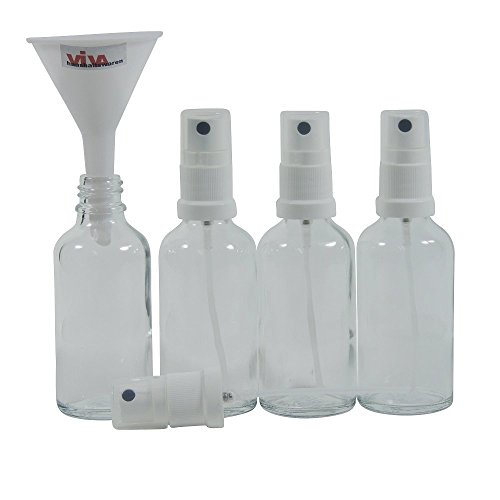 Viva-Haushaltswaren - 4x Sprühflasche 50ml / Zerstäuberflasche Apothekerflasche in Klarglas BPA-frei, hergestellt in Deutschland, inkl. Trichter