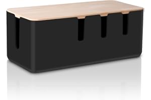 Cable Management Box by Baskiss, Solid Wood Lid, Cord Organizer for Desk TV Computer USB Hub System to Cover and Hide & Power Strips & Cords (Black, Medium Size)