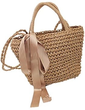 OURBAG Frauen Mode Khaki Seidenband Schleife Handtasche Stroh Strandtasche Schultertasche Braun