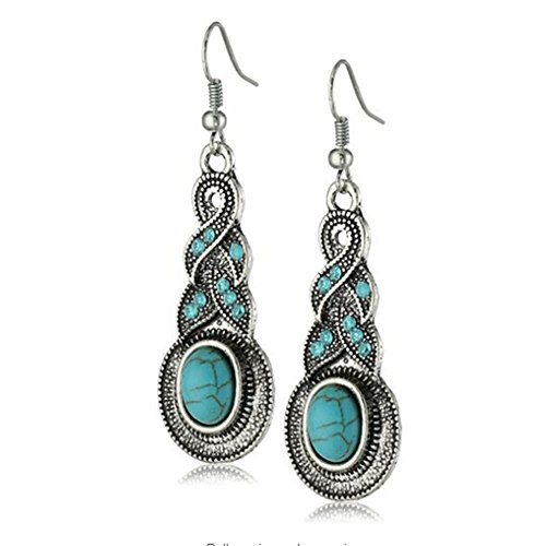 Yazilind Jewellery Tibetan Silver Inlay Oval Turquoise Charming Crystal Necklace Earrings Set for Women