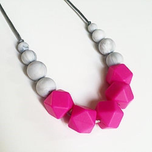 Mama Knows Silicone Teething Necklace - Freya Hot Pink & Marble