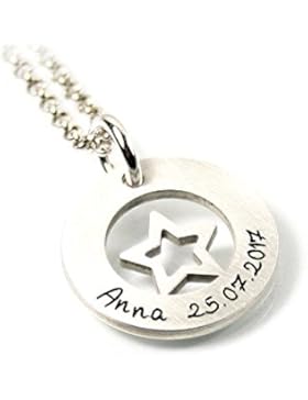 Anhänger Sternchen Stern Sterne und Kette aus 925 Silber mit individueller Gravur | Form: rund | Namenskette Datum...