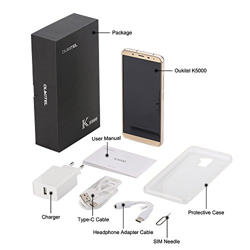 OUKITEL K5000 Smartphone 4G Android 7.0 (MTK6750T Octa Core 1.5 GHz, 5.7â€ 18:9 HD+ Schermo, 4 GB RAM 64 GB ROM, 21MP+16MP Camera, Fingerprint ID, Dual SIM, 5000mAh Batteria, OTA, Carica rapida) Oro