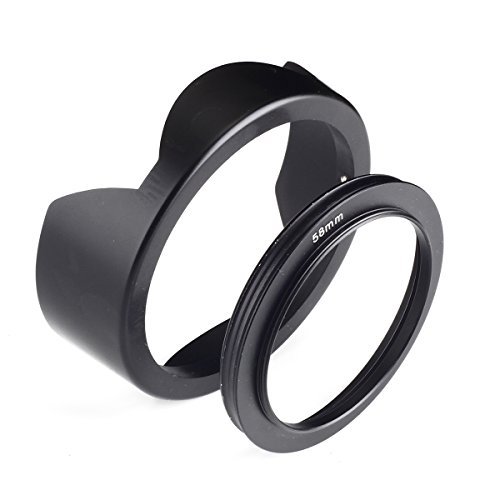 58mm Pare-soleil d   objectif r  versible tulipe fleur p  tale pour objectifs Canon Nikon Sony DSLR   Bouchon    clip de fermeture avec dragonne garde-capuchon   Chiffon de nettoyage en microfibre Premium