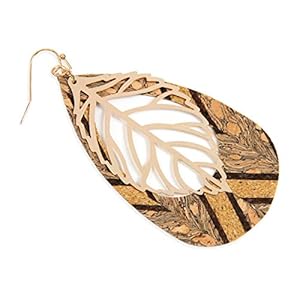 Bohemian Delicate Lightweight Cork Geometric Earrings - Filigree Cutout Petal Leaf, Leopard Animal Print Teardrop, Feather Fringe Drop Dangles (Long Teardrop Cork & Leaf - Gold/Style #5)