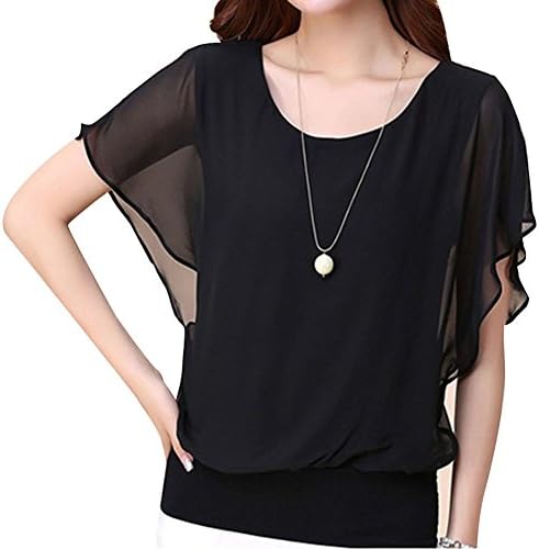 WomeWell Women's Loose Casual Batwing Short Sleeve Chiffon Blouse Tops T-shirt Black(UK 18,Tag 4XL)