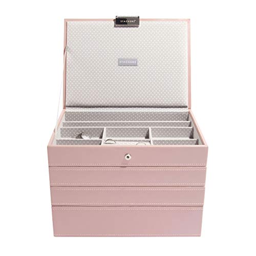 STACKERS Set of 4 'CLASSIC SIZE' - Soft Pink STACKER Set of 4 Jewellery Box with Grey Spotted Lining.