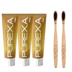 PUREXA THREE Anticavity Probiotic Toothpaste Prevents Cavity Like a Pro, | TWO Bamboo Charcoal Toothbrush, Soft brush With Charcoal Infused soft Bristles for Teeth Whitening, Antibacterial And Biodegradable For Adult and Kids, Eco-Friendly