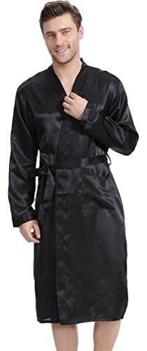 FLYCHEN Herren Lange Klassische Satin Robe Morgenmantel Bademantel 4 Farbe