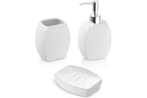 Inbagno Set Accessori Bagno Completo – 3 Pezzi in Ceramica, Kit Accessori da appoggio, Include Dispenser Sapone, portaspazzolini e portasaponetta (Bianco)