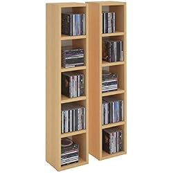 IDIMEX Etagères modulables Musique pour CD et DVD, Lot de 2 Meubles de Rangement en Colonne avec 10 Compartiments, en mélaminé Couleur hêtre
