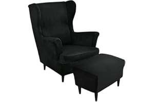 Highdi 2 Pezzi Velluto Copripoltrona con Orecchie e Copri Pouf Elasticizzato, Copridivano da 1 Posto con Fodera per Cuscino, Lavabile Rimovibile per Bar Soggiorno Camera da Letto (Nero)