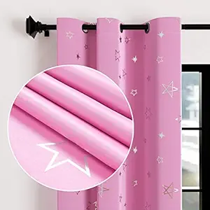 Encasa Homes Room Darkening Blackout Curtains 2 Panels Silver Foil Printed Plain Colours for Kids Bedroom, Living Room with Grommet, 85% Light Blocking, Sound & Heat Reducing, 7 ft -Star Pink