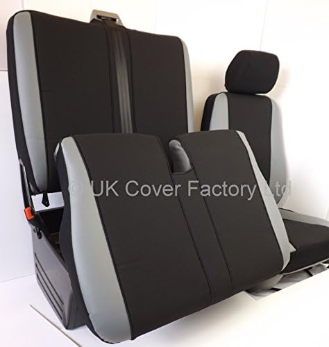UK Cover Factory P50GRY Seat Covers Made To Measure- Black Cloth + Grey Leather Trims Drivers Single And Passenger Double- + Flip Up Storage Access