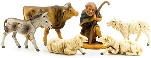 Shepherd with ox, donkey and 3 sheep (plastic material), to 2.75 in. Figures