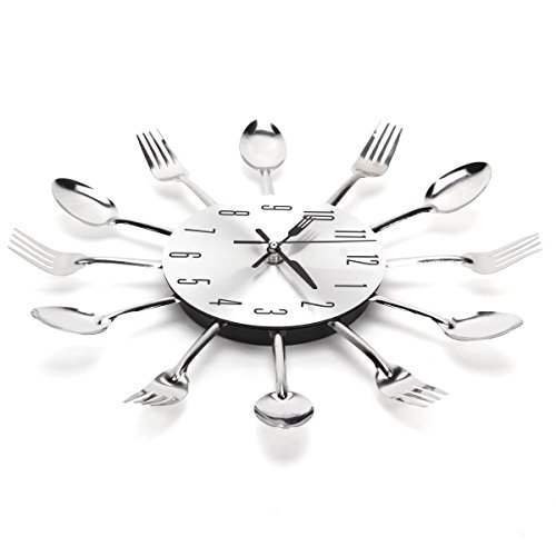 UNIQUEBELLA Besteck Uhr Besteckuhr Küchenuhr Wanduhr Analoger Uhr Metall D 33 cm in Silber - 3