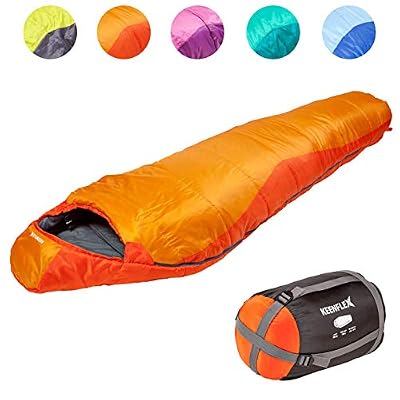 Keenflex - Sac de Couchage - 3 saisons chaud léger et compact étanche avancé Système de contrôle de la chaleur - Idéal pour le camping randonnée randonnée - Sac de compression inclus (Orange)