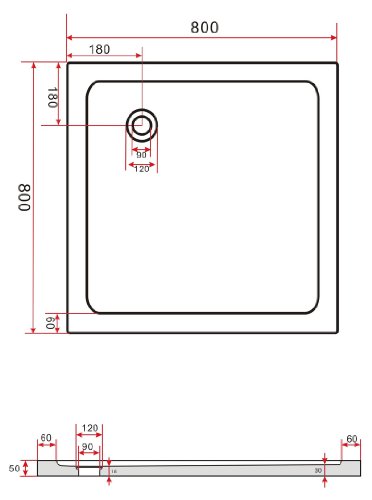 80×80 Duschtasse Duschwanne Extra Flach 50 mm Rechteck Weiß - 2