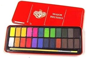 Lexicon Select Water Colour Block Paint Tin 24 Colours, Paintbrush & Colour Mixing Chart