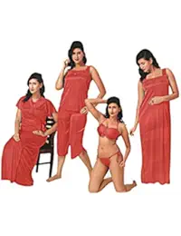 Indiatrendzs Women Satin Red Nightwear 6 PCs Set of Long Wrap Gown, Nighty, Top, Capri, Lingerie Set