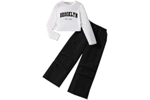 JiAmy Girls Long Sleeve Pullover Sweatshirt and Cargo Pants Outfits Fashion Fall Casual Sport Streetwear 7-12 Years