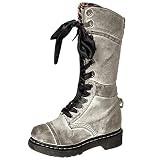 Stiefel Damen,❤️Binggong Damen Retro Schuhe Mittelhoher Stiefel Aus Leder Rutschfeste Runde Zehe Stiefel Stiefel Schnürschuhe