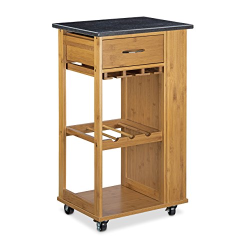 Relaxdays Küchenwagen Bambus ALFRED L mit schwarzer Marmorplatte HBT: 81,5 x 47,5 x 37,5 cm Küchenrollwagen mit Gläserhalter als Servierwagen mit Weinflaschenhalter Rollwagen und Küchentrolley, natur - 2