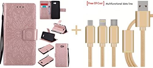 Samsung Galaxy J5 Prime Case,Huameng® [Gift] Multifunctional Data Line, Embossed Sun flower Pattern PU Leather Magnetic Closure Style Flip Wallet Cover for Samsung Galaxy J5 Prime-Rose gold