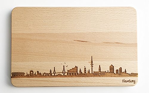 Brotzeitbrett Hamburg Skyline | Frühstücksbrettchen aus Buche | Holz Schneidbrett | Geschenk mit Gravur | Frühstücksbrett (ohne persönlicher Gravur)
