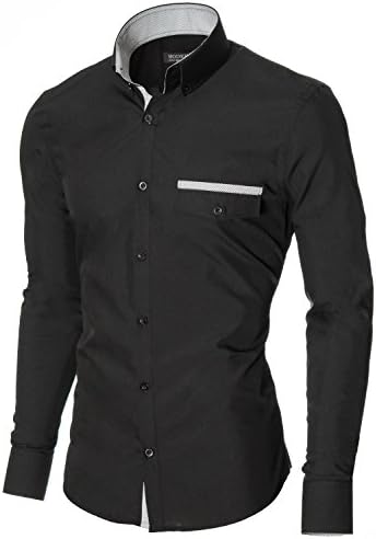 MODERNO Mens Shirts Casual Slim Fit Button Down Long Sleeve Fake Pocket Stripe Details (MOD1413LS) Black EU XL