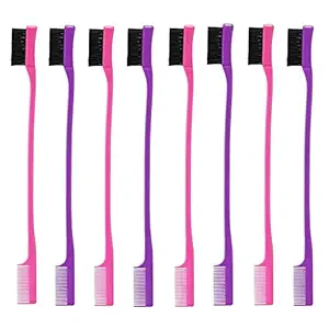 Glecurv 8 Pieces Hair Edge Brushes Double Sided 2 In 1 Edge Control Hair Brush Edge Comb For Baby Plasic Hair Styling Tools (Rose Pink + Purple)