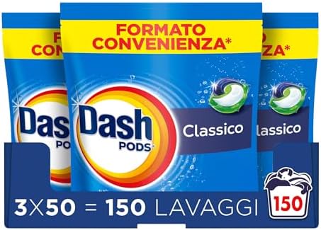 Dash Pods Detersivo Lavatrice In Capsule, 150 Lavaggi (3x50), Classico, Rimuove Le Macchie, Igienizza, Brillantezza Per I Capi