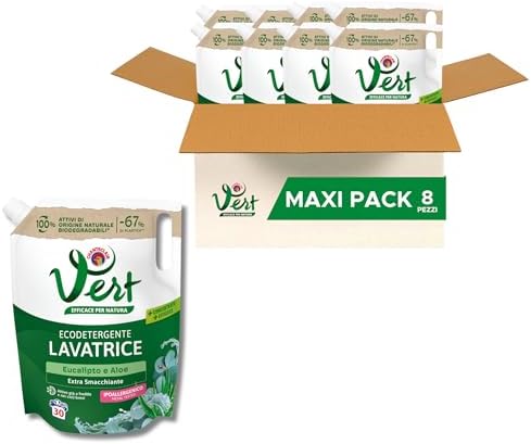 Vert - Ecodetergente Lavatrice - Fragranza Eucalipto e Aloe, 100% Origine Naturale, Funzione Extra Smacchiante, Efficace a Freddo e nei Lavaggi Brevi, Ipoallergenico - 8 Flaconi da 1200 ml, 30 Lavaggi