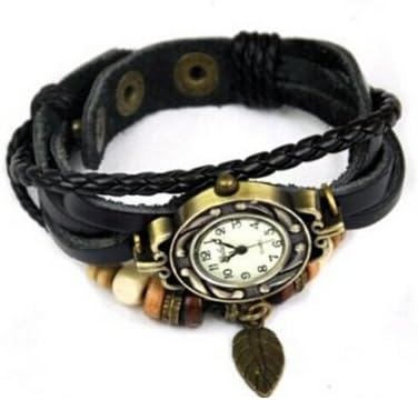 Retro Weave Wrap Around Leather Bracelet Lady Wrist Watch Quartz Watch (black)