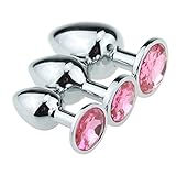 Wilwolfer 3 Pcs Super Quality Anal Plug, Stainless Steel Metal Plated 3D Acrylic Diamond Jewelry Large/Medium/Small sizes (Pink)
