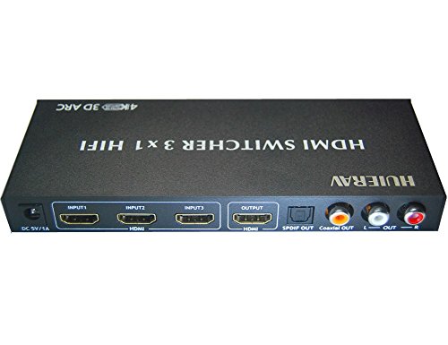 huierav HDMI Switch 3 x 1 mit Audio (HDMI Audio Extractor | HDMI ARC Extractor | mit optischer Toslink SPDIF Koaxial Audio L/R Out | 4 Kx2 K/30Hz, 1080P, 3D - 3