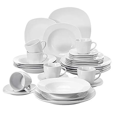 MALACASA, Série Elisa, 30pcs Services de Table Complets Porcelaine, 6 Assiettes Plates, 6 Assiettes à Dessert, 6 Assiettes Creuses, 6 Tasses avec 6 Soucoupes Vaisselles pour 6 Personnes