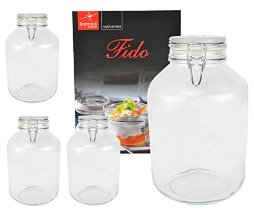 4er Set Einmachglas Bügelverschluss Original Fido 5,0L incl. Bormioli Rezeptheft