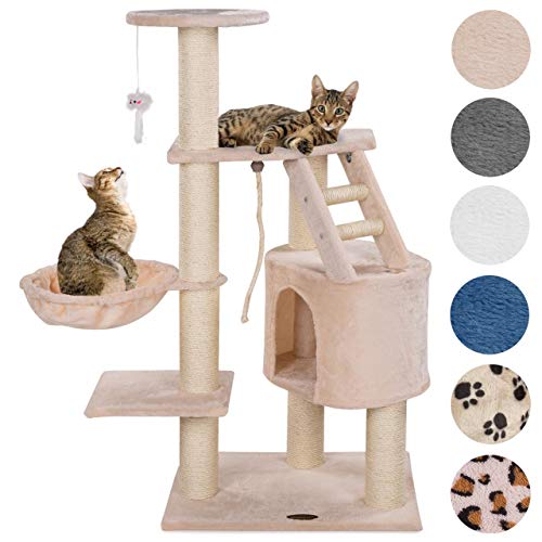 Happypet® Kratzbaum für Katzen mittelgroß CAT017 120 cm hoch, Kletterbaum Katzenbaum, extra Dicke und stabile Säulen mit Sisal ca. 9 cm, Liegemulde, Haus, Treppe, Spielmaus, BEIGE
